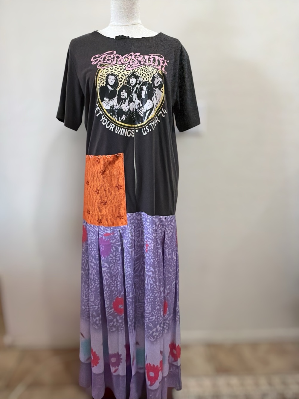 Aerosmith Upcycled Band T-Shirt Maxi Dress Patchwork Boho Hippie One of a Kind